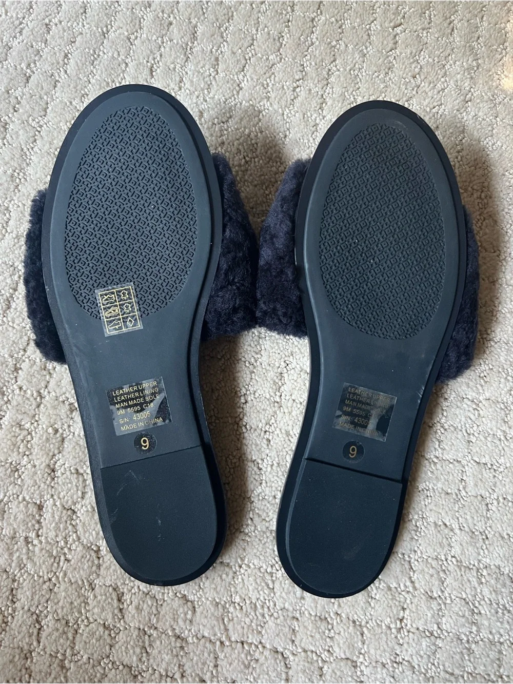 Tory Burch NavyFaux Shearling Slide Sandals with Crystal Accents